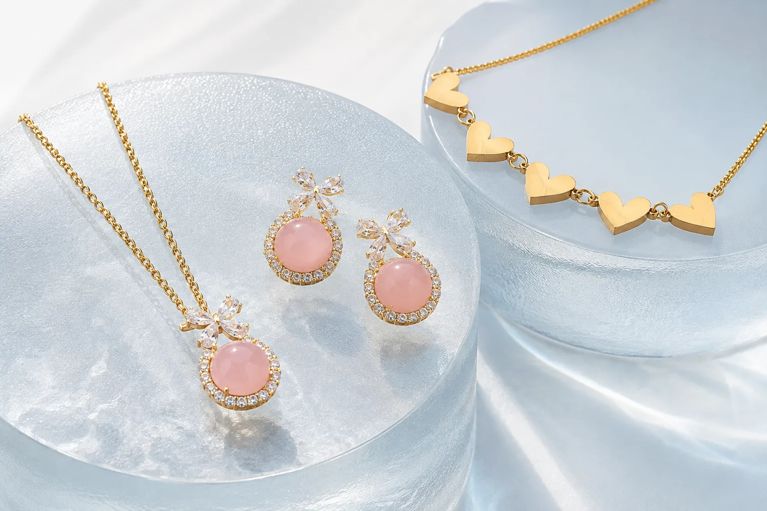 Gold heart necklace and pink crystal jewelry styled on ice-blue glass